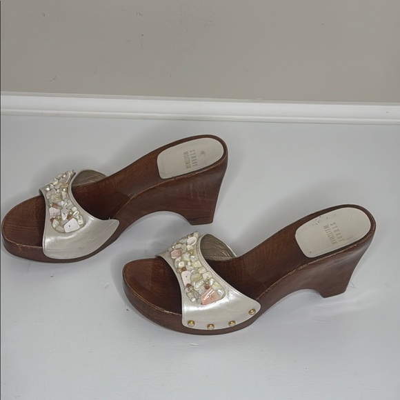 Stuart Weitzman Wood Sole Cream Shells Beads Y2K Beach Resortwear Spain Sandals - Picture 4 of 11